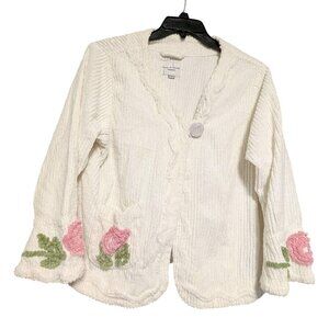 House of Chenille Cardigan Cozy Floral Embroidered Art To Wear Bed Jacket Size L
